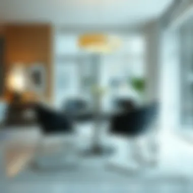 An elegant modern interior featuring chrome chairs in a dining setting.