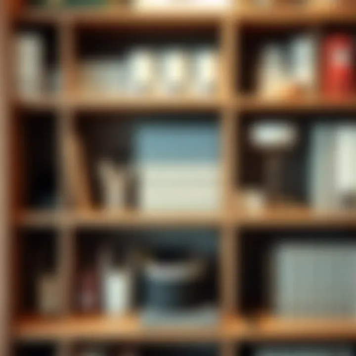 A neatly organized office supply shelf showcasing various stationery items