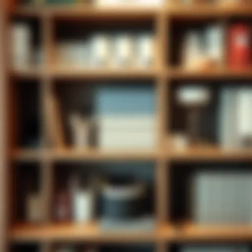 Organized Office Supply Shelf A neatly organized office supply shelf showcasing various stationery items