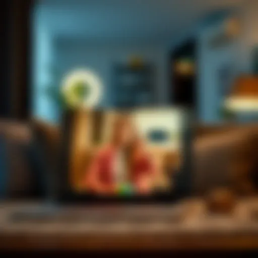 Stylish halo light illuminating a laptop during a video call