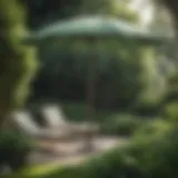 Elegant green corner umbrella in a serene garden setting