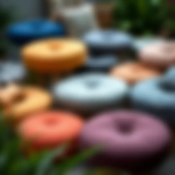 Creative Arrangement of Diverse Round Cushions Various round outdoor stool cushions arranged creatively