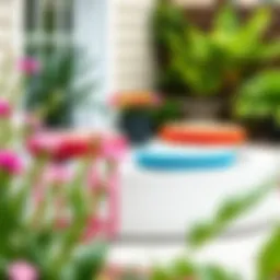 Vibrant round outdoor stool cushions in a garden setting