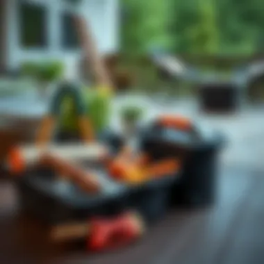 A well-organized installation toolkit for laying vinyl patio tiles on a deck