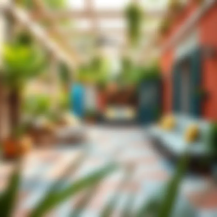 A vibrant outdoor patio featuring an array of vinyl tiles in various colors and patterns