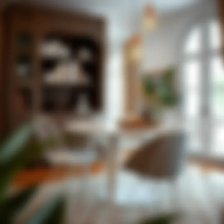 Elegant dining arrangement featuring white wire chairs