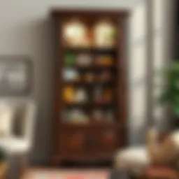 Elegant wooden toy display cabinet showcasing colorful collectibles