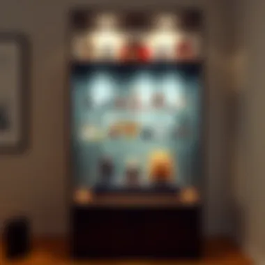 Modern Glass Display Case Modern glass display case with intricate toy arrangement