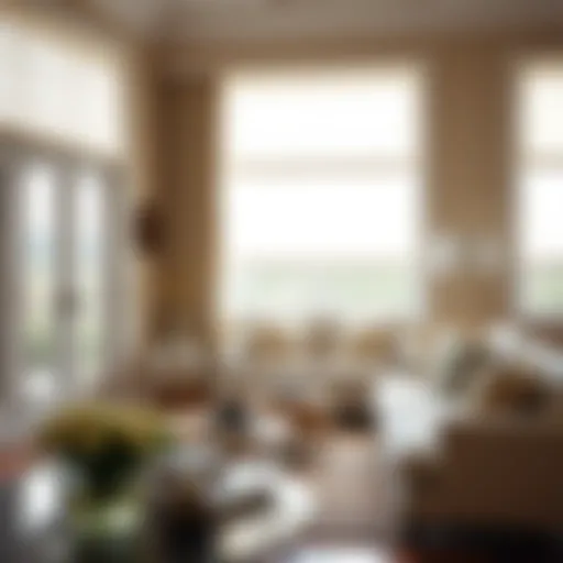 Elegant living room with white cotton Roman shades