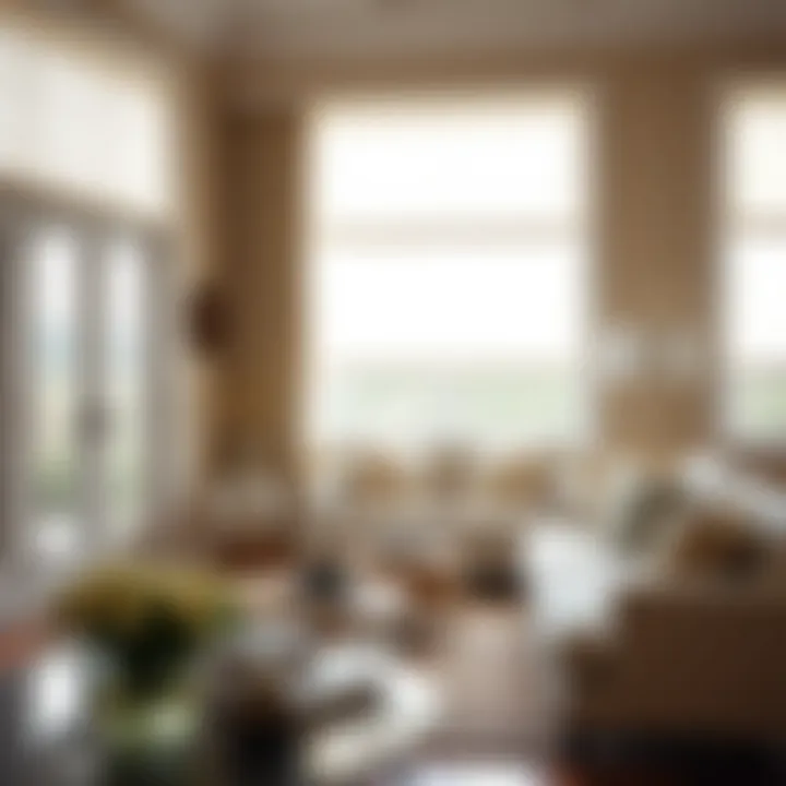 Elegant Living Room with White Cotton Roman Shades Elegant living room with white cotton Roman shades