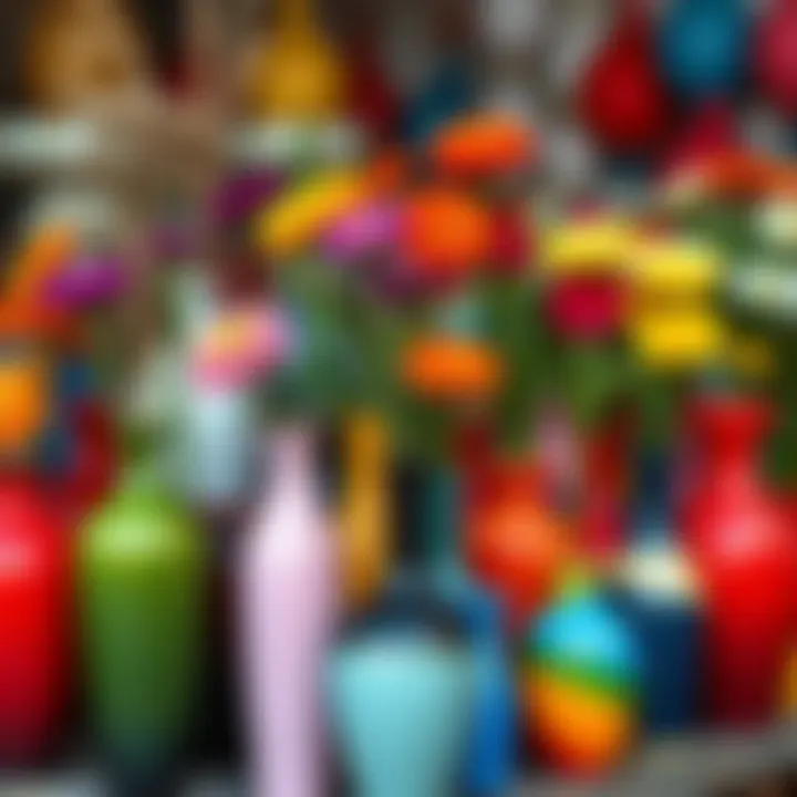 A variety of colorful flower vases displayed on a local market stall