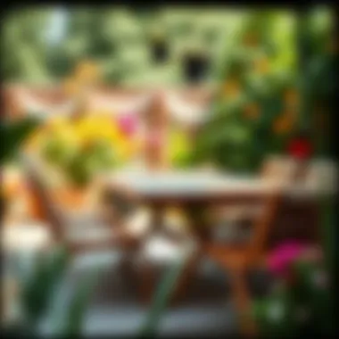 Elegant Wood Slat Table in Garden Beautifully designed wood slat patio table in a vibrant garden setting