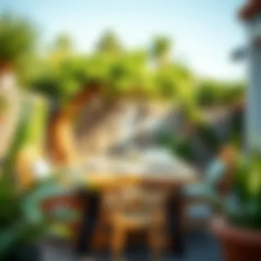 Stylish Outdoor Wood Slat Table Set Stylish wood slat patio table set with outdoor decor