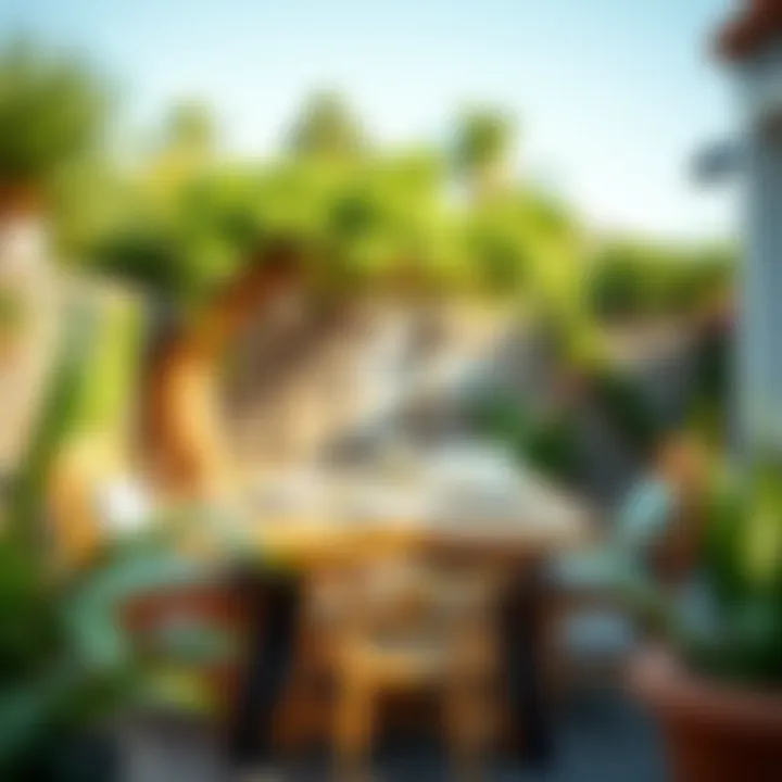 Stylish Outdoor Wood Slat Table Set Stylish wood slat patio table set with outdoor decor