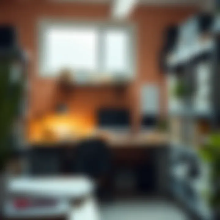 Efficient Storage in Workspaces Organized workspace featuring portable plastic shelving for efficient storage.