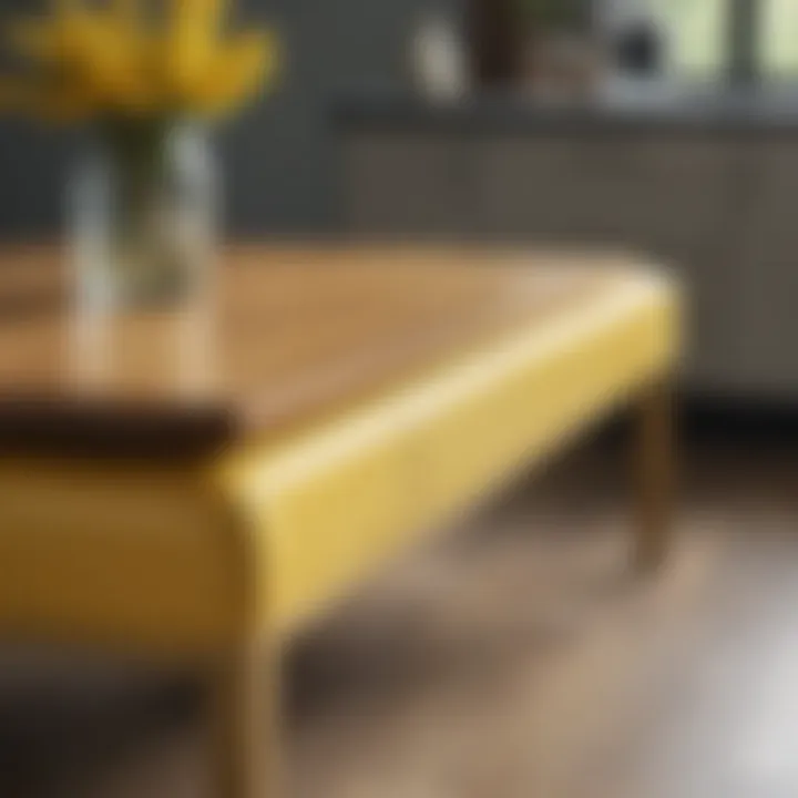 Close-up of a yellow dining bench showcasing fabric texture